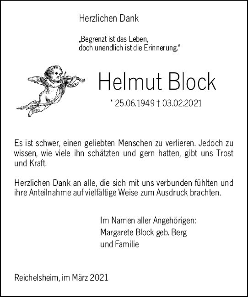  Traueranzeige für Helmut Block vom 13.03.2021 aus vrm-trauer