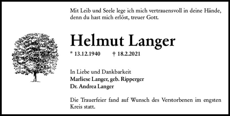  Traueranzeige für Helmut Langer vom 13.03.2021 aus vrm-trauer