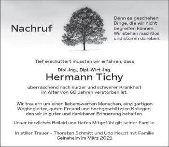 Traueranzeige von Hermann Tichy von vrm-trauer