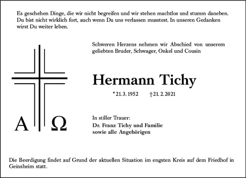  Traueranzeige für Hermann Tichy vom 02.03.2021 aus vrm-trauer