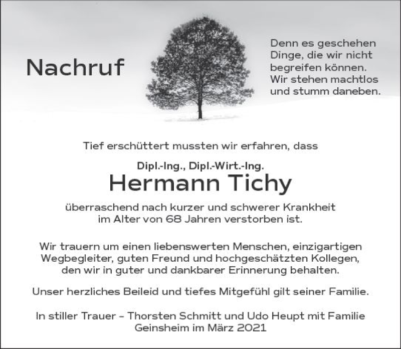  Traueranzeige für Hermann Tichy vom 04.03.2021 aus vrm-trauer