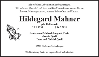 Traueranzeige von Hildegard Mahner von vrm-trauer