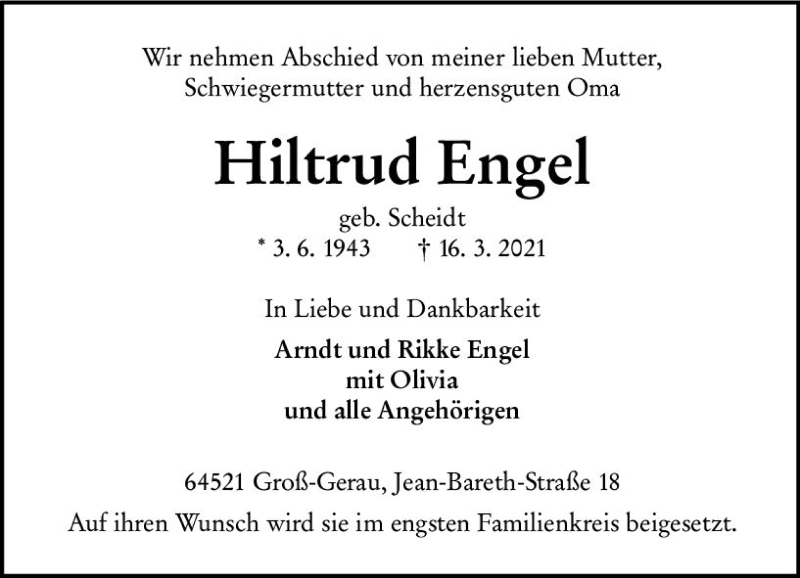  Traueranzeige für Hiltrud Engel vom 20.03.2021 aus vrm-trauer