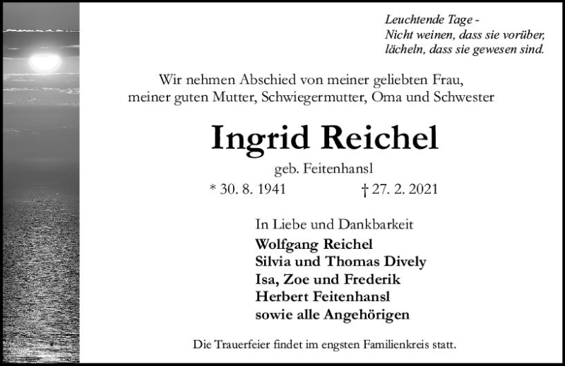  Traueranzeige für Ingrid Reichel vom 06.03.2021 aus vrm-trauer