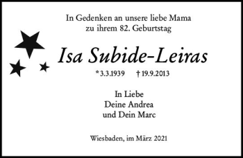 Traueranzeige von Isa Subide-Leiras von vrm-trauer