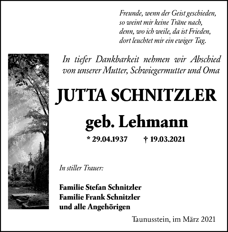  Traueranzeige für Jutta Schnitzler vom 27.03.2021 aus vrm-trauer