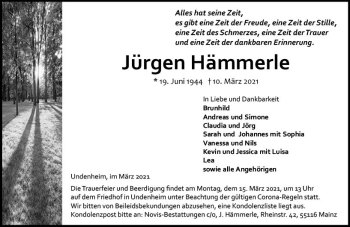 Traueranzeige von Jürgen Hämmerle von vrm-trauer