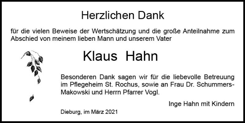  Traueranzeige für Klaus Hahn vom 06.03.2021 aus vrm-trauer