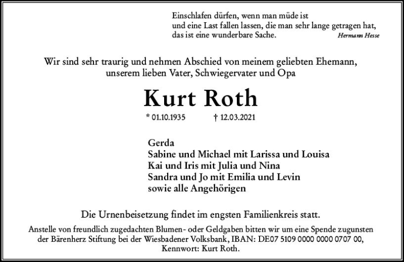 Traueranzeige für Kurt Roth vom 20.03.2021 aus vrm-trauer