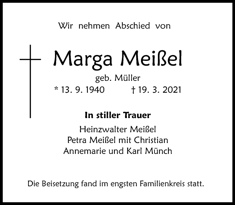  Traueranzeige für Marga Meißel vom 27.03.2021 aus vrm-trauer