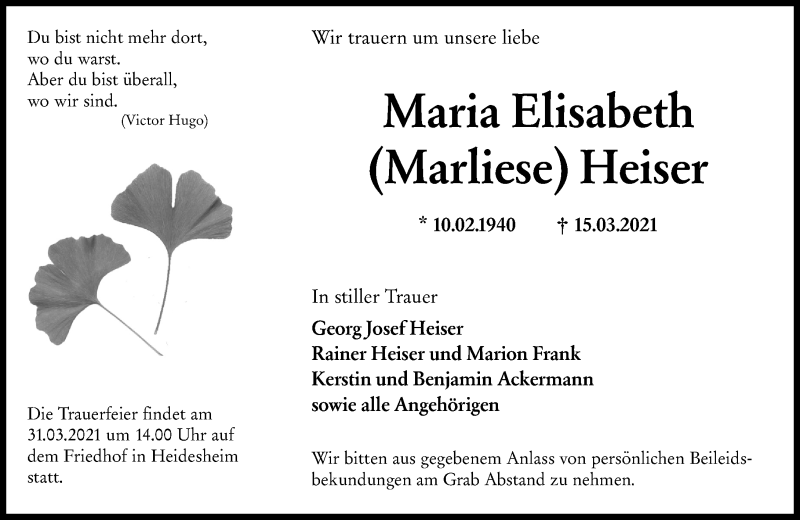  Traueranzeige für Maria Elisabeth Heiser vom 27.03.2021 aus vrm-trauer