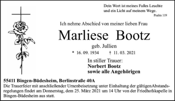 Traueranzeige von Marliese Bootz von vrm-trauer