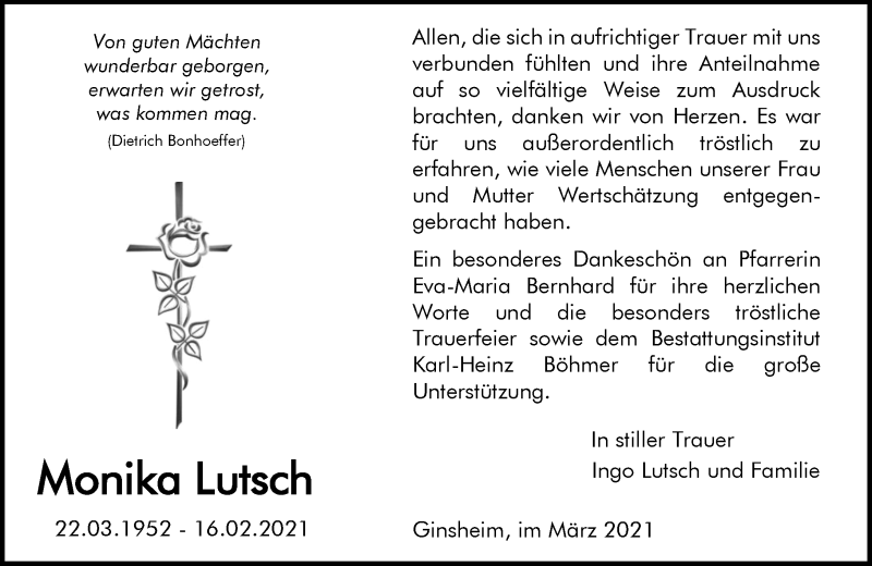  Traueranzeige für Monika Lutsch vom 27.03.2021 aus vrm-trauer