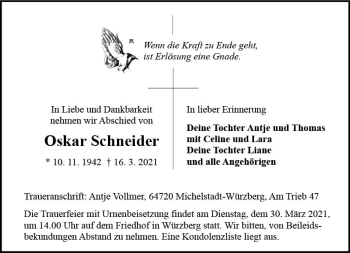 Traueranzeige von Oskar Schneider von vrm-trauer
