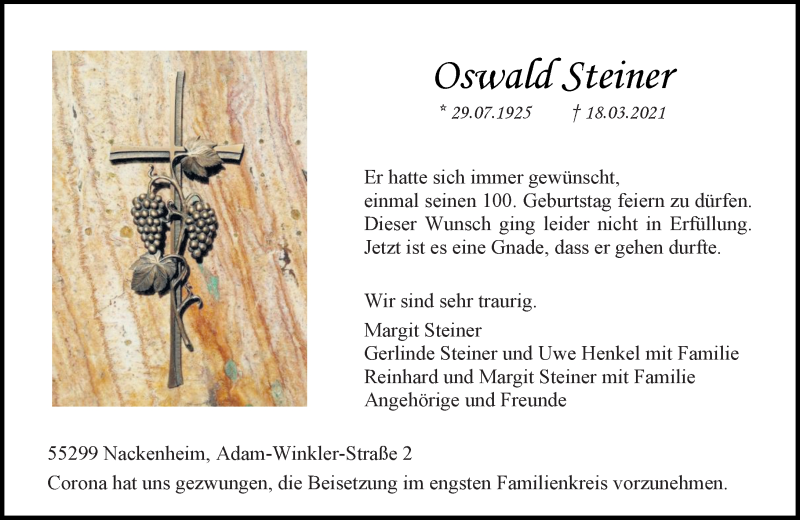  Traueranzeige für Oswald Steiner vom 27.03.2021 aus vrm-trauer