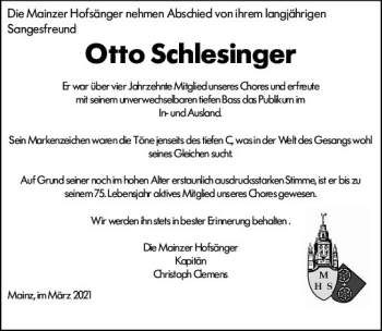 Traueranzeige von Otto Schlesinger von vrm-trauer