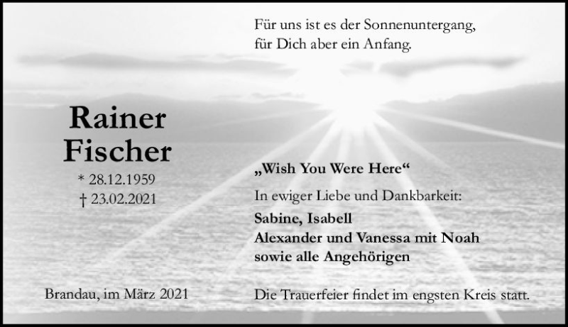  Traueranzeige für Rainer Fischer vom 01.03.2021 aus vrm-trauer