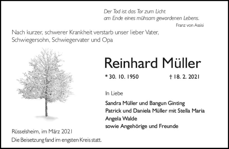  Traueranzeige für Reinhard Müller vom 13.03.2021 aus vrm-trauer