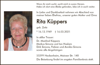Traueranzeige von Rita Küppers von vrm-trauer