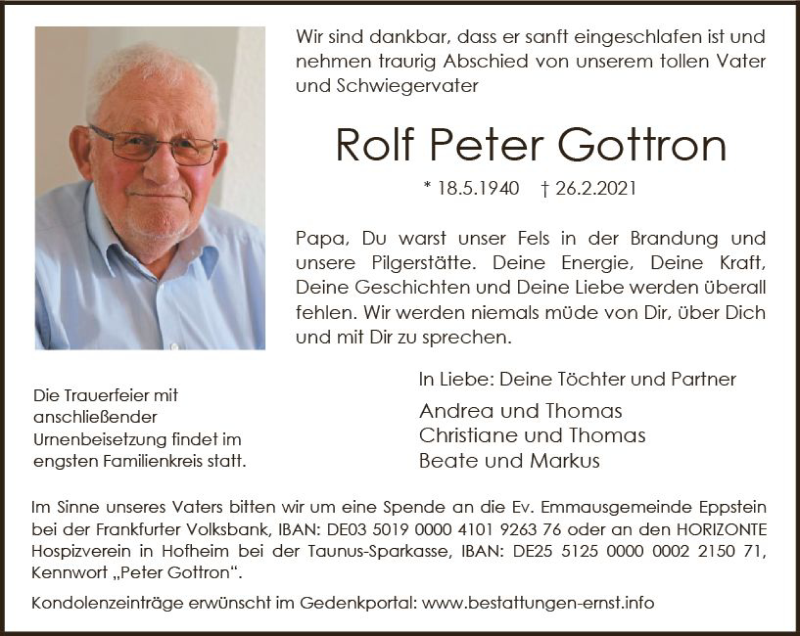  Traueranzeige für Rolf Peter Gottron vom 06.03.2021 aus vrm-trauer
