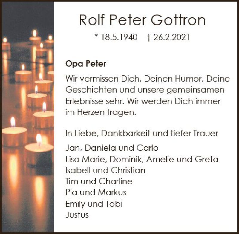  Traueranzeige für Rolf Peter Gottron vom 06.03.2021 aus vrm-trauer