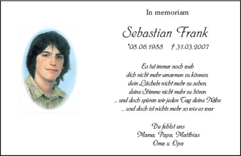  Traueranzeige für Sebastian Frank vom 31.03.2021 aus vrm-trauer