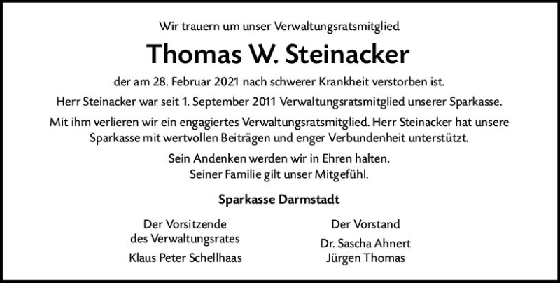  Traueranzeige für Thomas W. Steinacker vom 10.03.2021 aus vrm-trauer