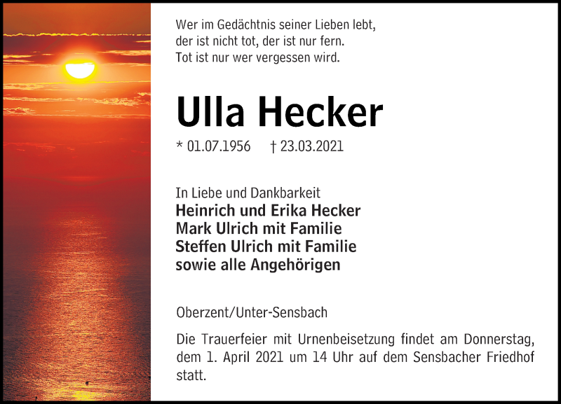 Traueranzeige für Ulla Hecker vom 27.03.2021 aus vrm-trauer