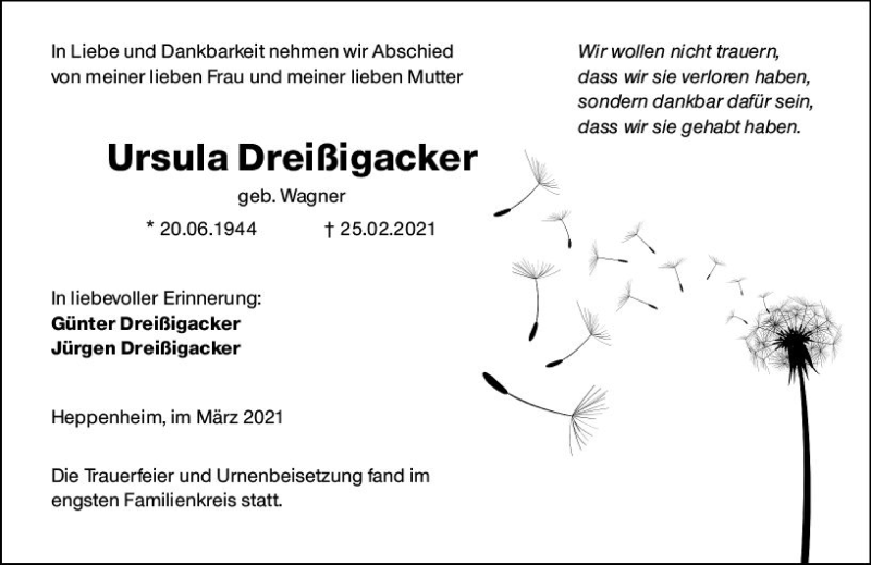  Traueranzeige für Ursula Dreißigacker vom 20.03.2021 aus vrm-trauer