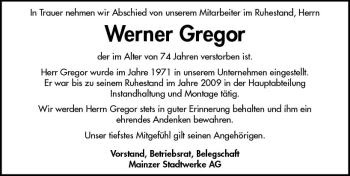 Traueranzeige von Werner Gregor von vrm-trauer