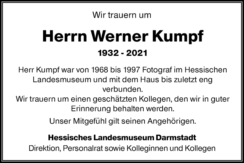  Traueranzeige für Werner Kumpf vom 27.03.2021 aus vrm-trauer