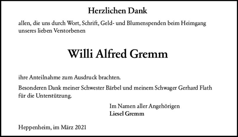  Traueranzeige für Willi Alfred Gremm vom 13.03.2021 aus vrm-trauer