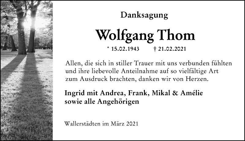  Traueranzeige für Wolfgang Thom vom 27.03.2021 aus vrm-trauer