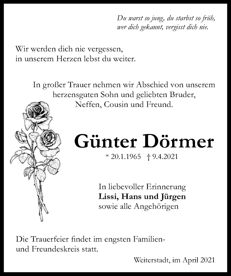  Traueranzeige für Günter Dörmer vom 26.04.2021 aus 