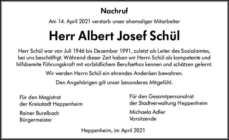  Traueranzeige für Albert Josef Schül vom 22.04.2021 aus vrm-trauer