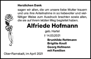 Traueranzeige von Alfriede Hofmann von vrm-trauer