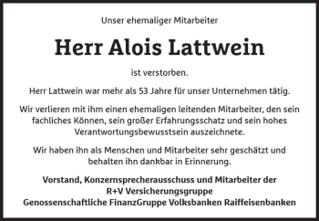Traueranzeige von Alois Lattwein von vrm-trauer