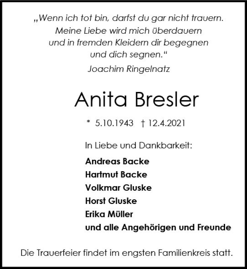  Traueranzeige für Anita Bresler vom 17.04.2021 aus vrm-trauer