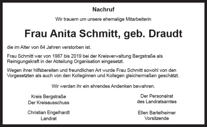  Traueranzeige für Anita Schmitt vom 03.04.2021 aus vrm-trauer