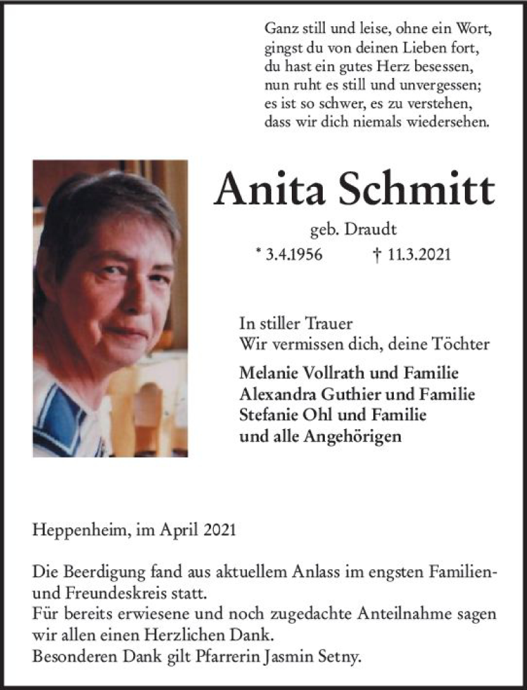  Traueranzeige für Anita Schmitt vom 03.04.2021 aus vrm-trauer