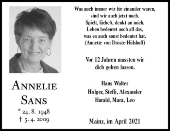 Traueranzeige von Annelie Sans von vrm-trauer
