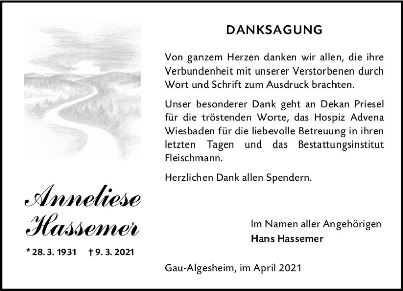  Traueranzeige für Anneliese Hassemer vom 17.04.2021 aus vrm-trauer