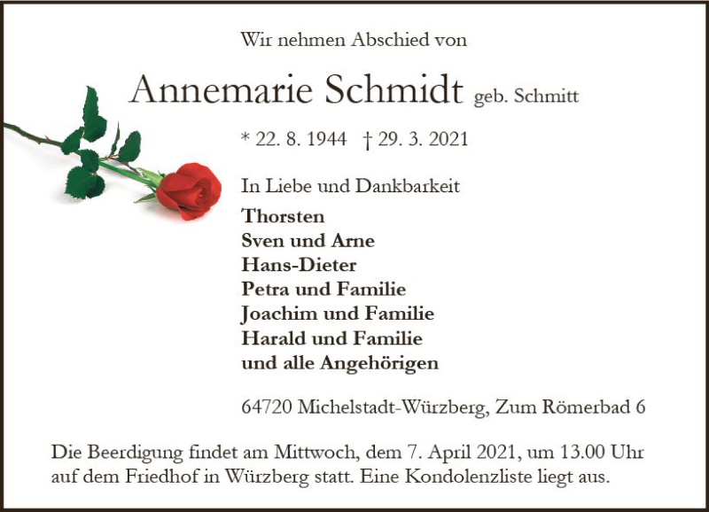  Traueranzeige für Annemarie Schmidt vom 03.04.2021 aus vrm-trauer