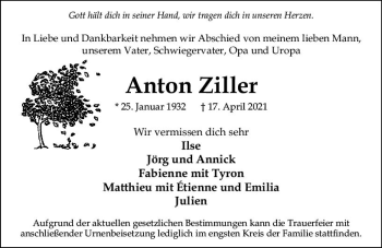 Traueranzeige von Anton Ziller von vrm-trauer