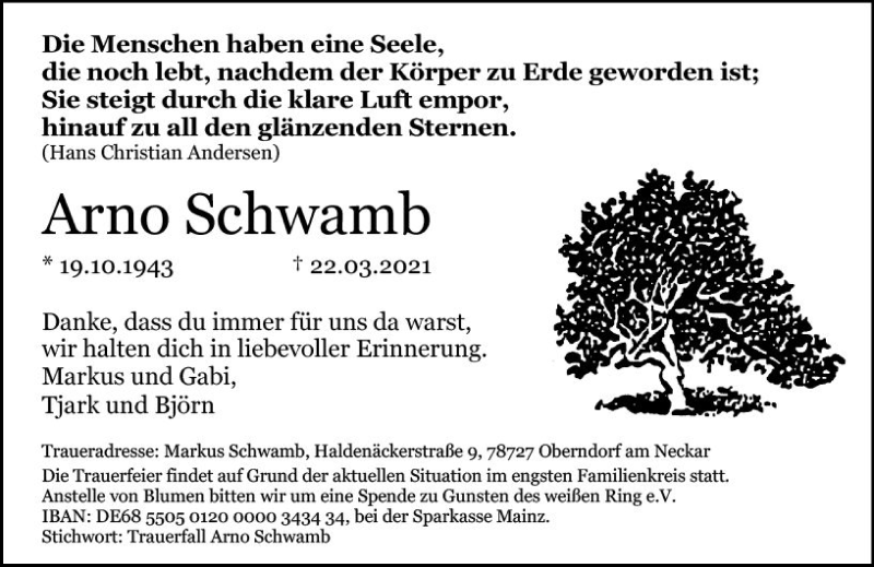  Traueranzeige für Arno Schwamb vom 03.04.2021 aus vrm-trauer