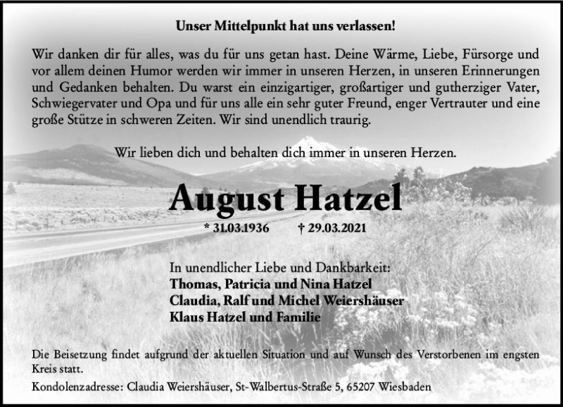  Traueranzeige für August Hatzel vom 03.04.2021 aus vrm-trauer