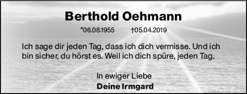  Traueranzeige für Berthold Oehmann vom 03.04.2021 aus vrm-trauer
