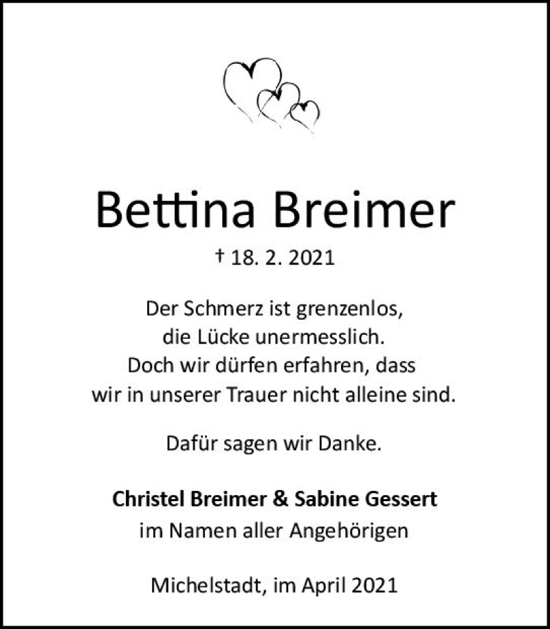  Traueranzeige für Bettina Breimer vom 03.04.2021 aus vrm-trauer