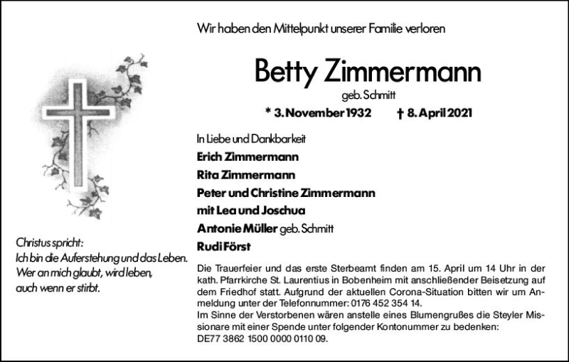 Traueranzeige für Betty Zimmermann vom 12.04.2021 aus vrm-trauer