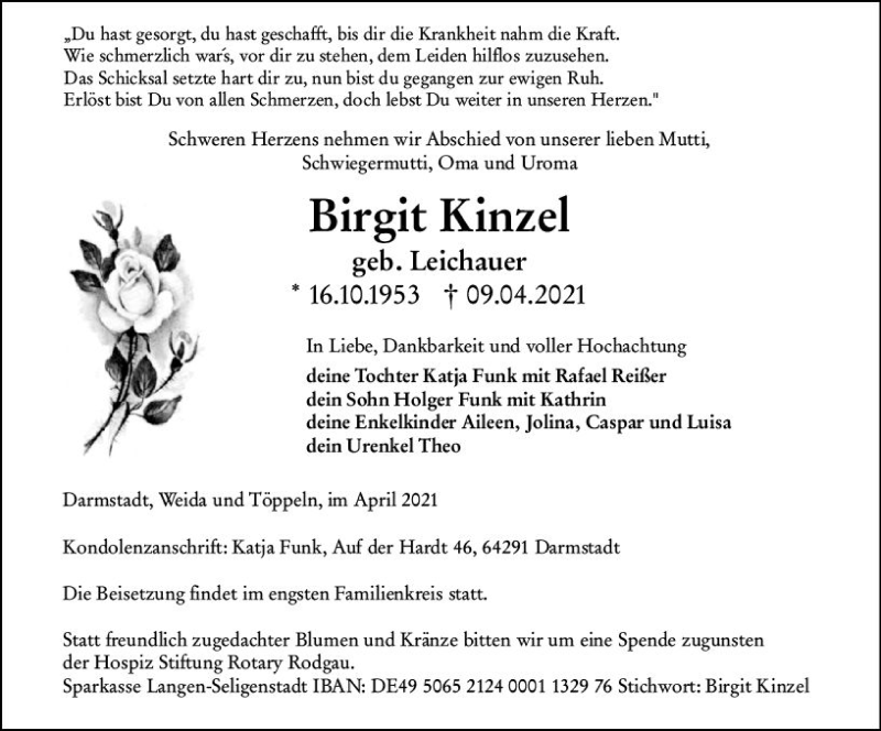  Traueranzeige für Birgit Kinzel vom 17.04.2021 aus vrm-trauer